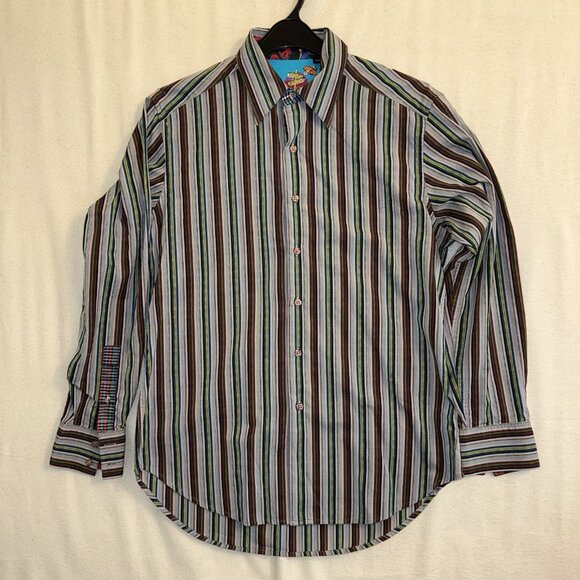 Robert Graham Stripe Button Up Shirt M Colorful Flip Cuff Paisley Silk Trim - Picture 2 of 10